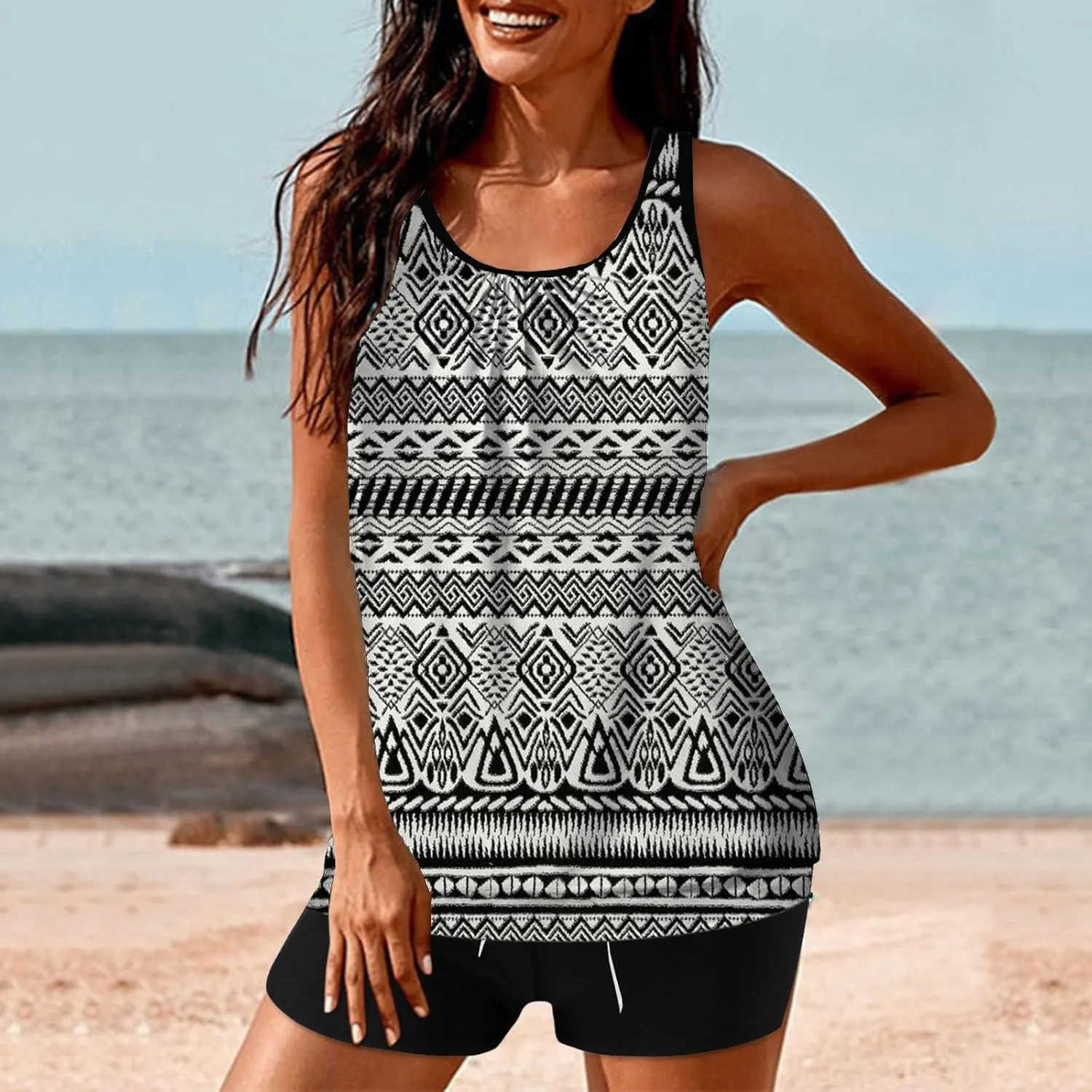 Womens Swimwear Beach Tankini Shorts Match Tops Vests Two Piece Color Block Modest Bathing Suit Sets for Women Casual