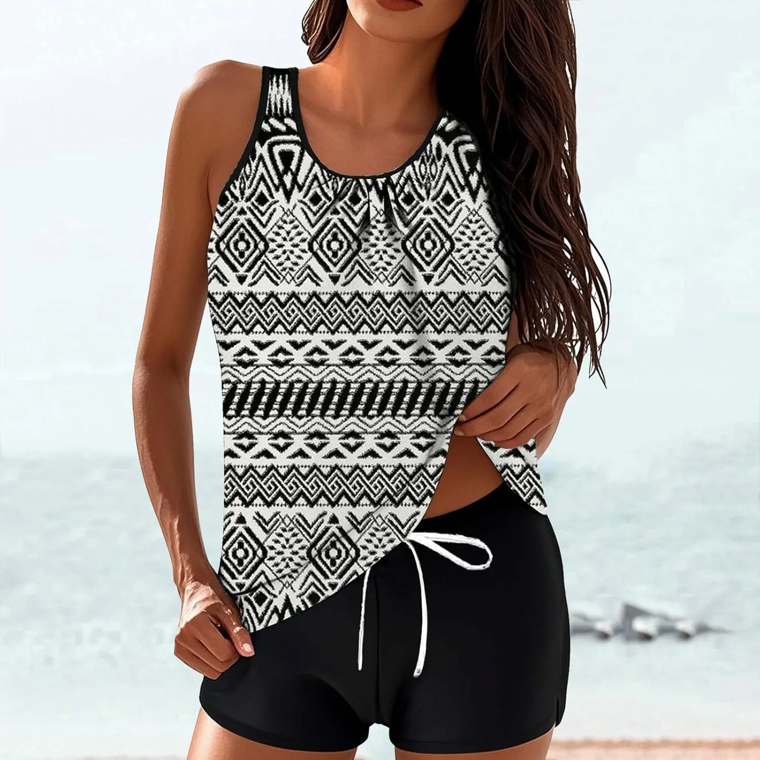 Womens Swimwear Beach Tankini Shorts Match Tops Vests Two Piece Color Block Modest Bathing Suit Sets for Women Casual