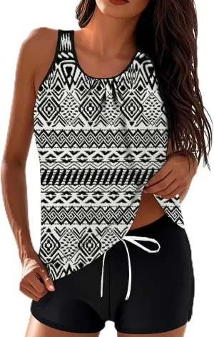 Womens Swimwear Beach Tankini Shorts Match Tops Vests Two Piece Color Block Modest Bathing Suit Sets for Women Casual
