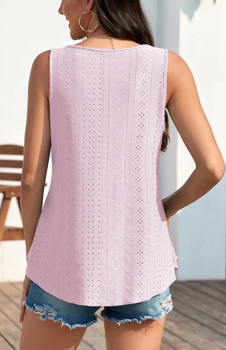 Womens Tank Tops Eyelet Embroidery Sleeveless Cami Scoop Neck Loose Casual Summer Camisole Shirts