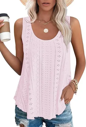 Womens Tank Tops Eyelet Embroidery Sleeveless Cami Scoop Neck Loose Casual Summer Camisole Shirts