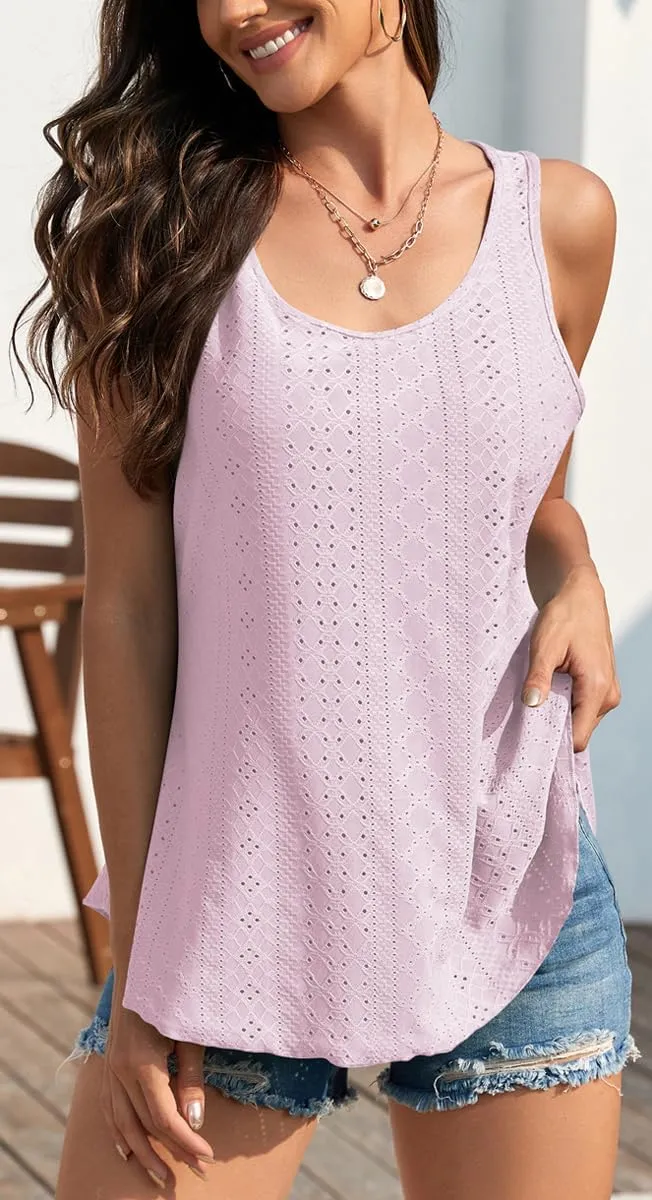 Womens Tank Tops Eyelet Embroidery Sleeveless Cami Scoop Neck Loose Casual Summer Camisole Shirts