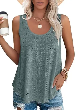 Womens Tank Tops Eyelet Embroidery Sleeveless Cami Scoop Neck Loose Casual Summer Camisole Shirts