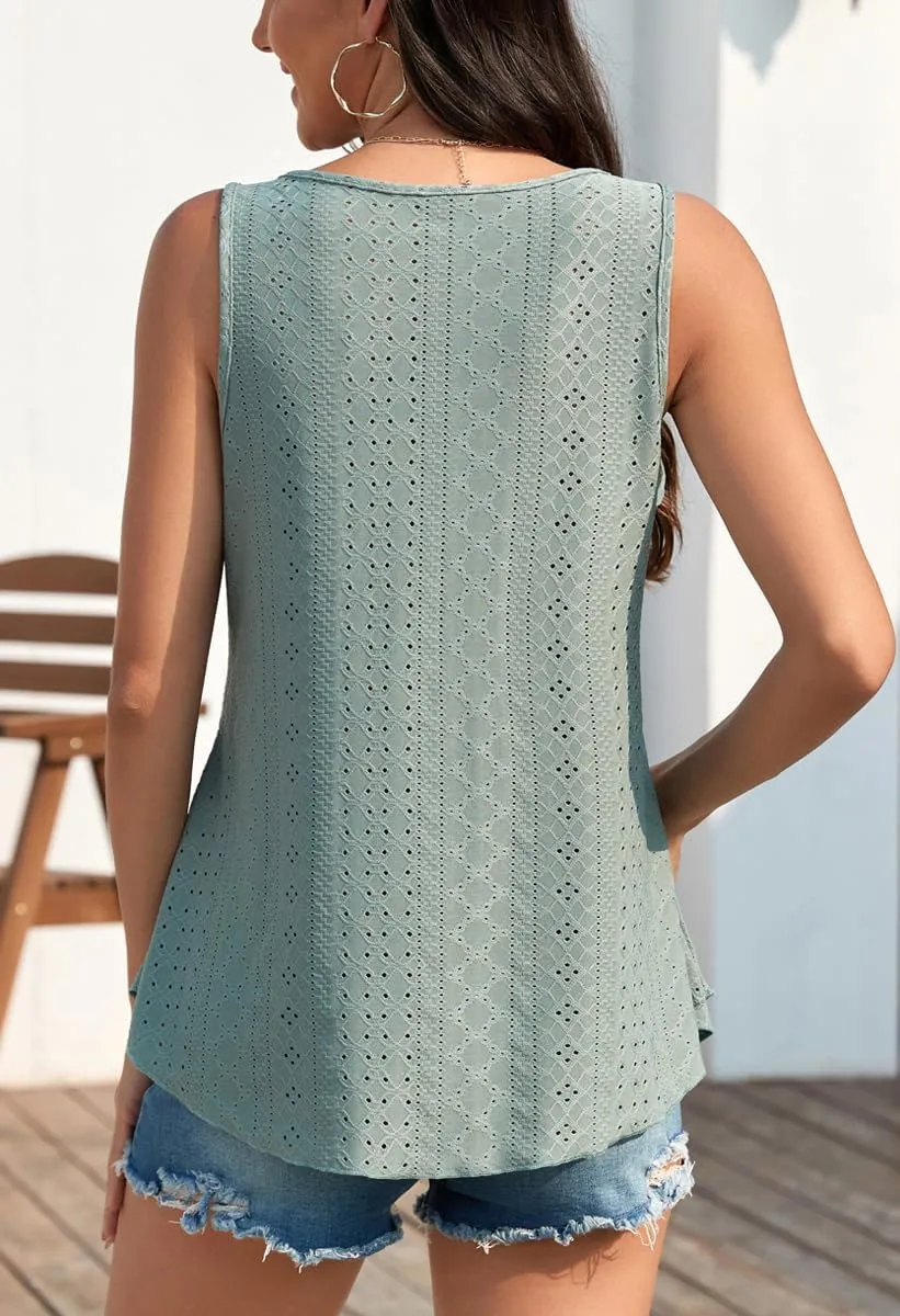 Womens Tank Tops Eyelet Embroidery Sleeveless Cami Scoop Neck Loose Casual Summer Camisole Shirts