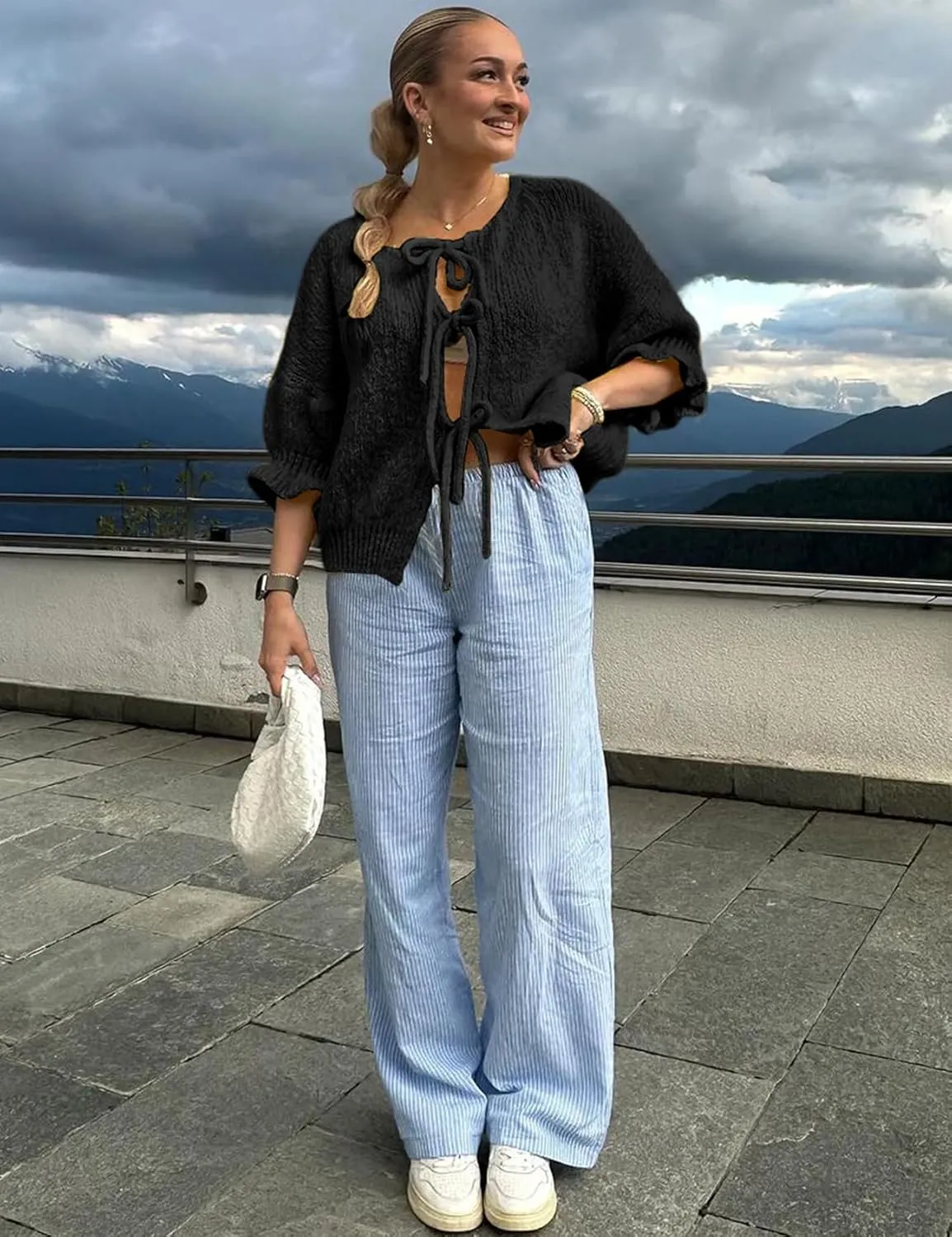 Womens Tie Front Cardigan Sweater Bow Knit Y2K Oversized Cardigan Casual Long Sleeve Open Front Knitwears Bow Tops