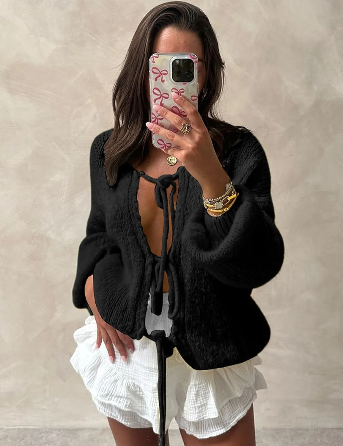 Womens Tie Front Cardigan Sweater Bow Knit Y2K Oversized Cardigan Casual Long Sleeve Open Front Knitwears Bow Tops
