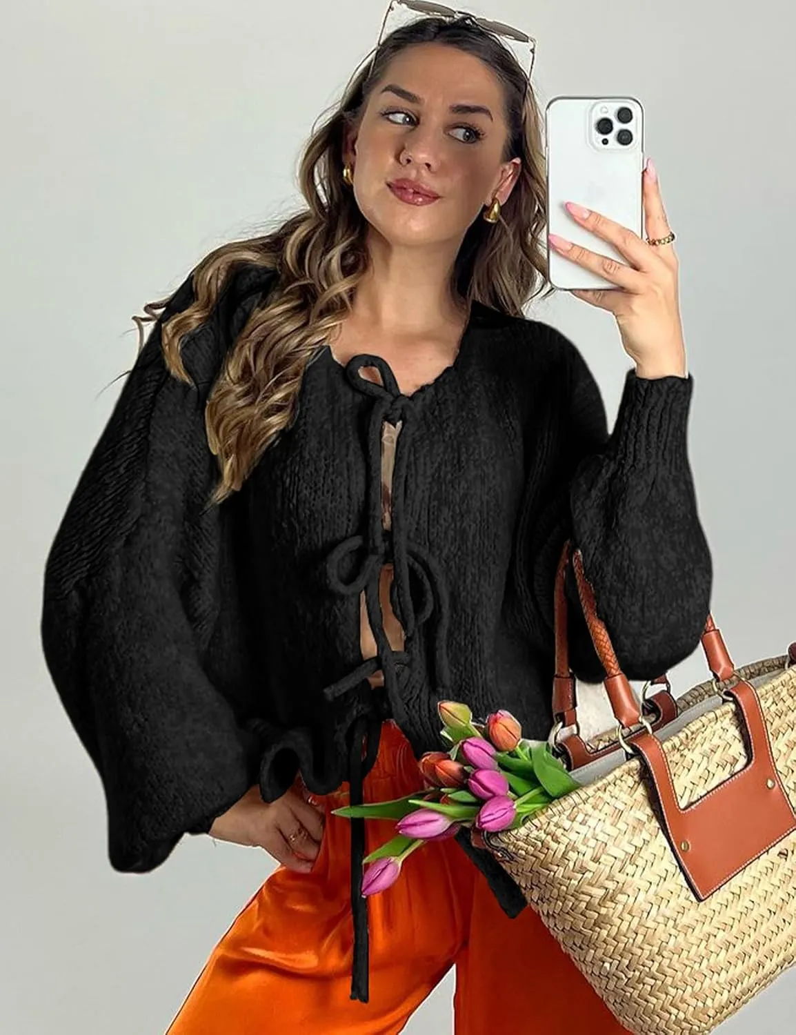 Womens Tie Front Cardigan Sweater Bow Knit Y2K Oversized Cardigan Casual Long Sleeve Open Front Knitwears Bow Tops
