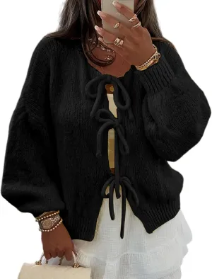 Womens Tie Front Cardigan Sweater Bow Knit Y2K Oversized Cardigan Casual Long Sleeve Open Front Knitwears Bow Tops