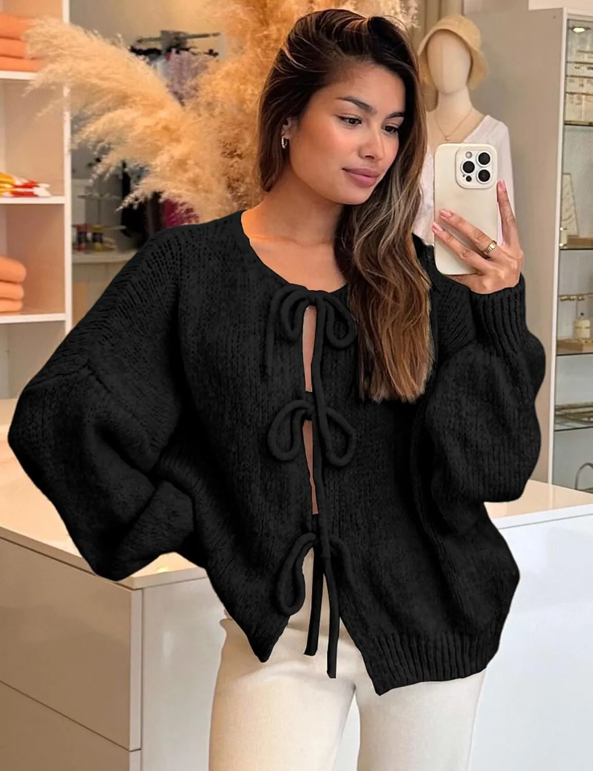 Womens Tie Front Cardigan Sweater Bow Knit Y2K Oversized Cardigan Casual Long Sleeve Open Front Knitwears Bow Tops