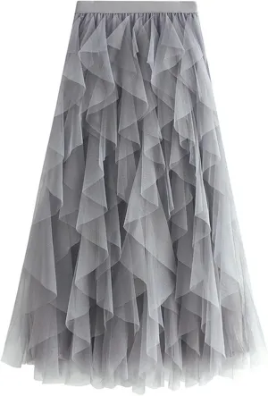 Womens Tulle Ruffle Midi Skirts Casual High Waisted A Line Tiered Tutu Pleated Fairy Skirt