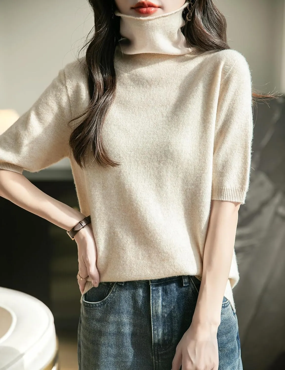 Women's Turtleneck 100% Merino Wool Spring Fall Winter First-Line Ready to Wear Seamless Knit Short Sleeve Sweater