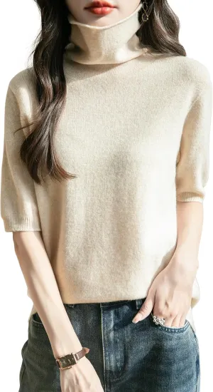 Women's Turtleneck 100% Merino Wool Spring Fall Winter First-Line Ready to Wear Seamless Knit Short Sleeve Sweater