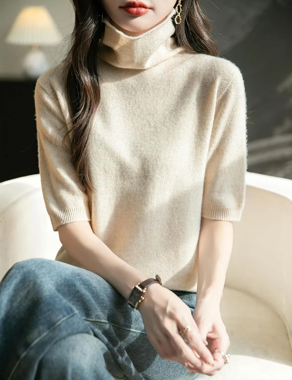 Women's Turtleneck 100% Merino Wool Spring Fall Winter First-Line Ready to Wear Seamless Knit Short Sleeve Sweater