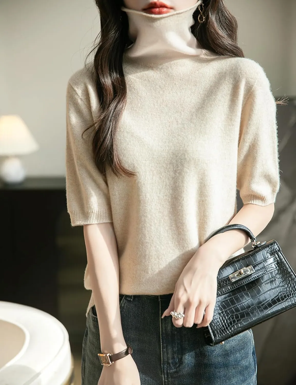Women's Turtleneck 100% Merino Wool Spring Fall Winter First-Line Ready to Wear Seamless Knit Short Sleeve Sweater