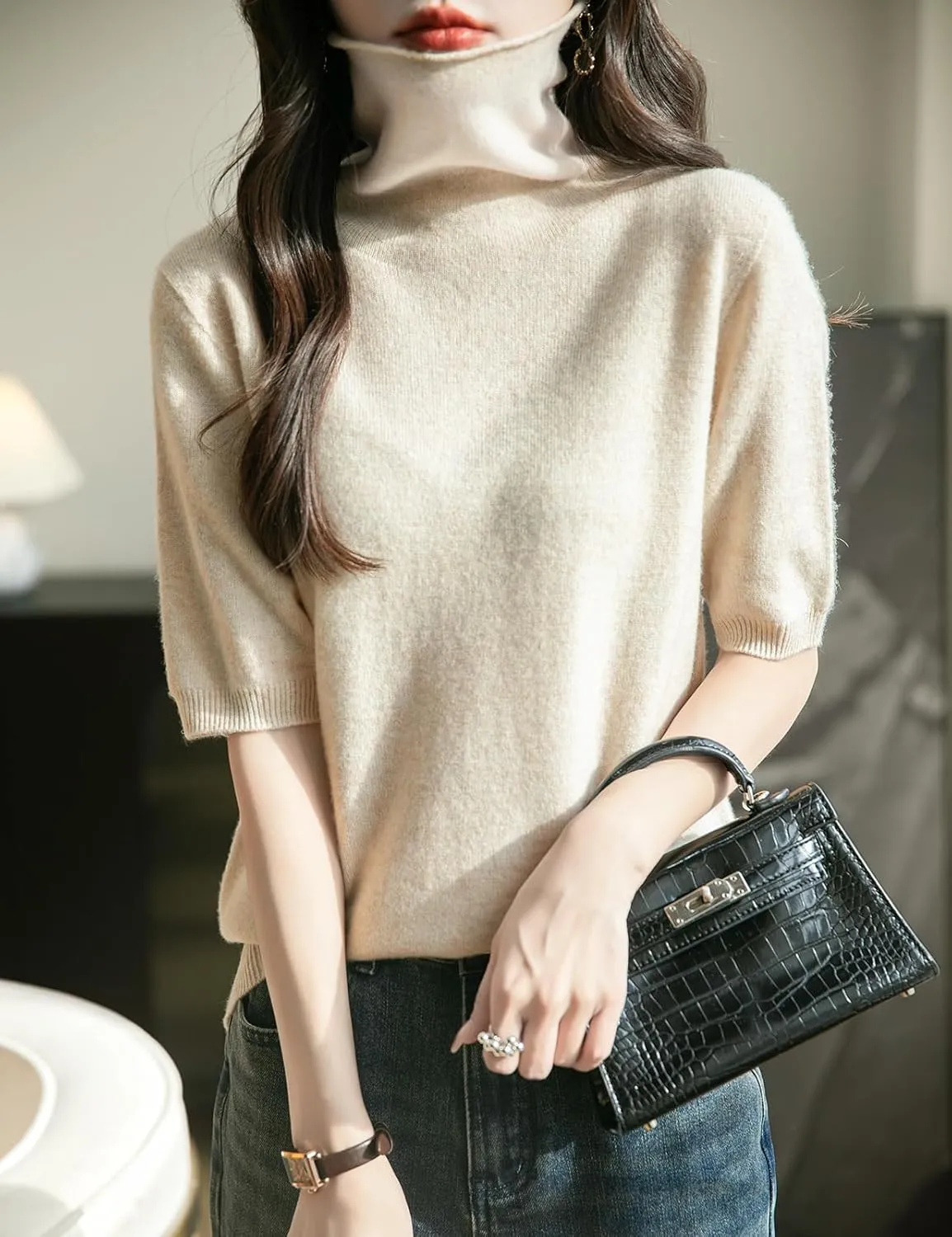 Women's Turtleneck 100% Merino Wool Spring Fall Winter First-Line Ready to Wear Seamless Knit Short Sleeve Sweater