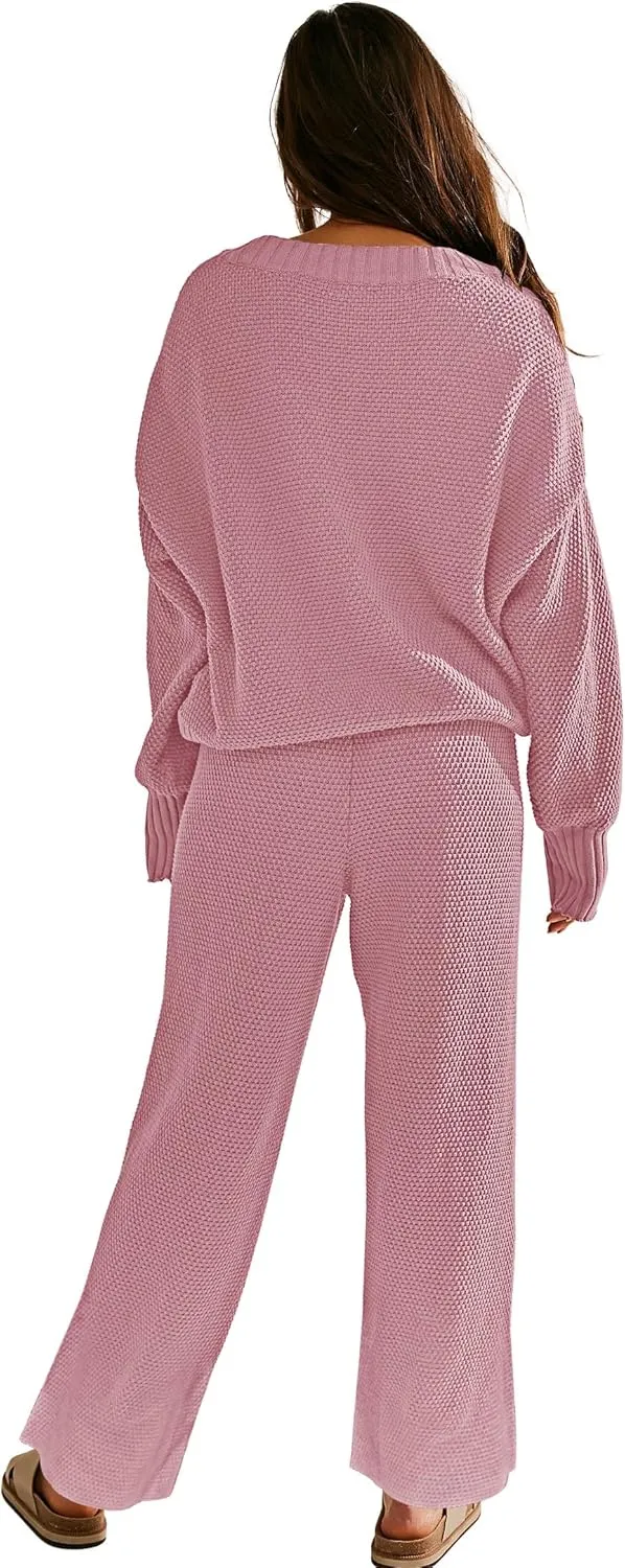 Womens Two Piece Outfits Sweater Sets Open Front Knit Cardigan and Wide Leg Pants Sweatsuit Lounge Sets