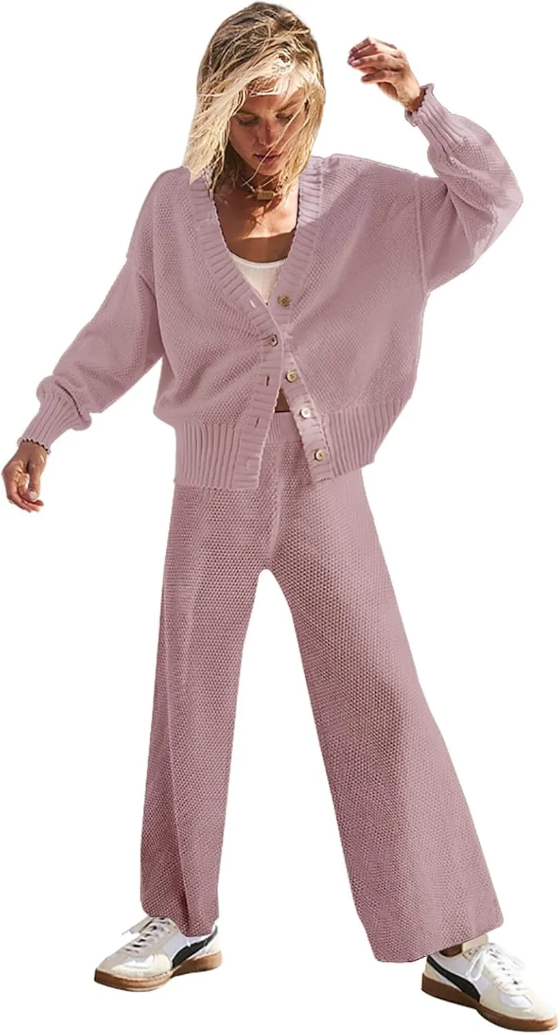 Womens Two Piece Outfits Sweater Sets Open Front Knit Cardigan and Wide Leg Pants Sweatsuit Lounge Sets