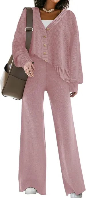 Womens Two Piece Outfits Sweater Sets Open Front Knit Cardigan and Wide Leg Pants Sweatsuit Lounge Sets