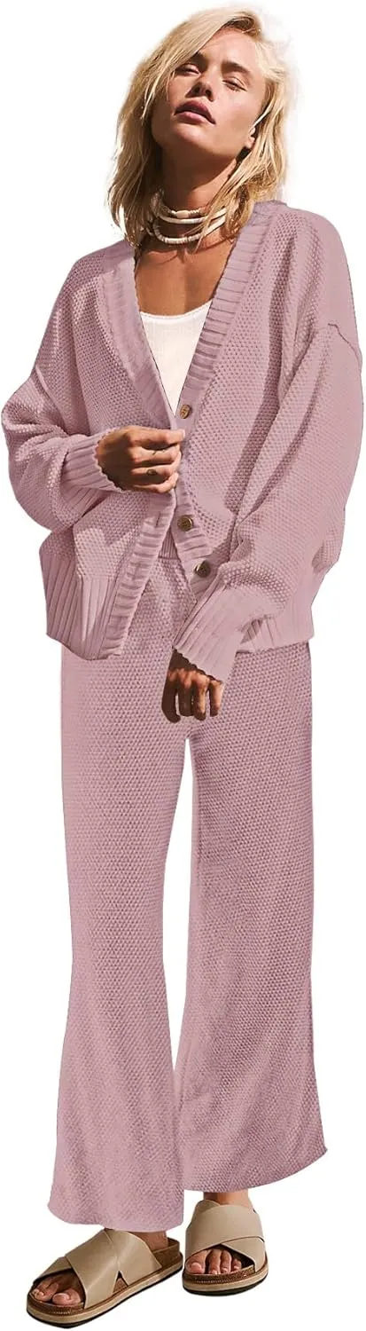 Womens Two Piece Outfits Sweater Sets Open Front Knit Cardigan and Wide Leg Pants Sweatsuit Lounge Sets