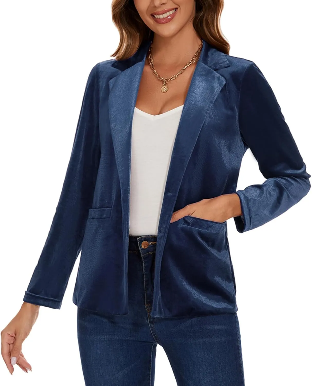 Women's Velvet Suit Blazer Jacket Casual Office Work Long Sleeve Button Pockets Tailored Jacket Coat Blazer