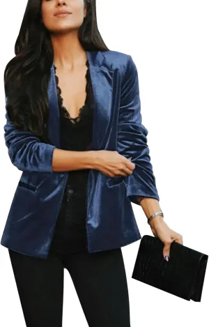 Women's Velvet Suit Blazer Jacket Casual Office Work Long Sleeve Button Pockets Tailored Jacket Coat Blazer