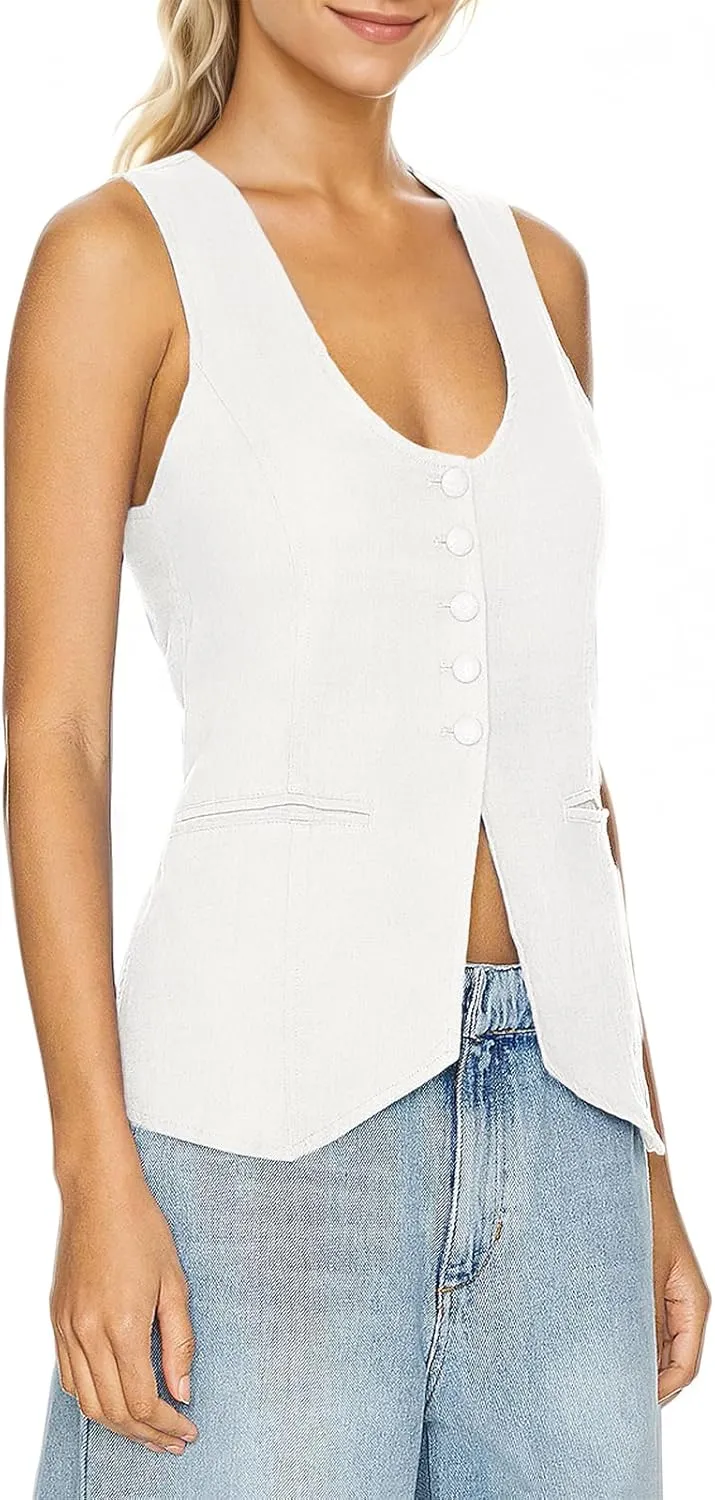 Womens Vest Top Trendy V Neck Summer Sleeveless Blazer Vest Waistcoat Linen Cotton Tank Tops 2025