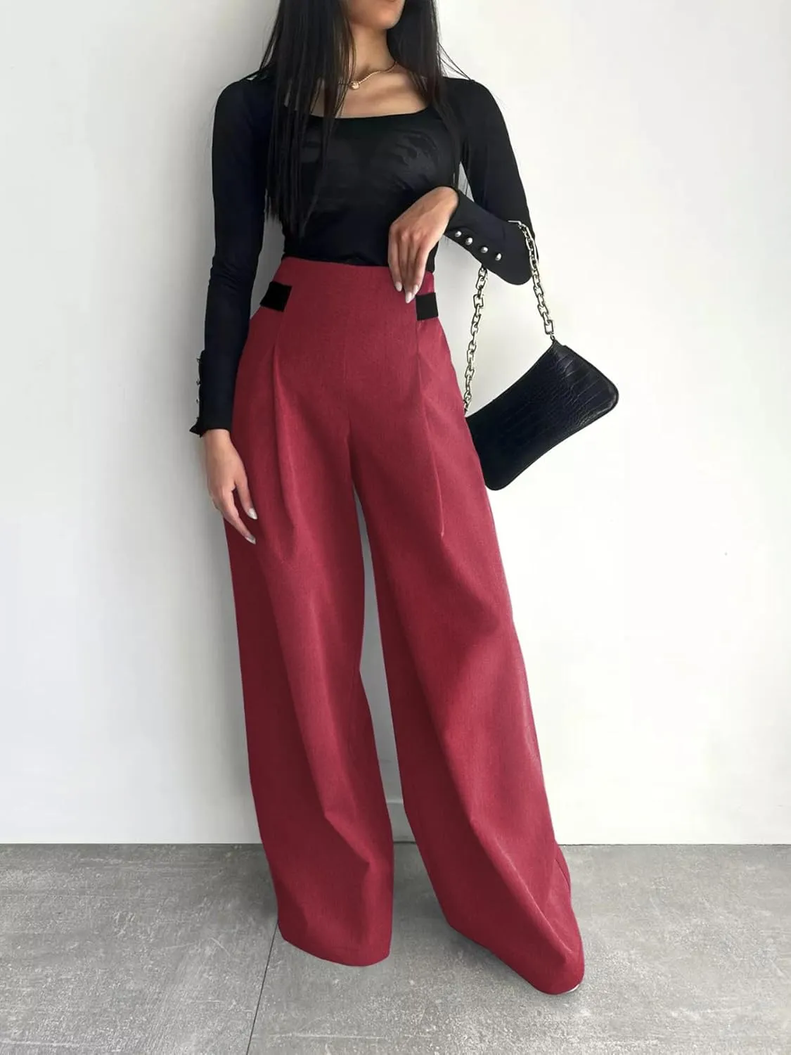 Women's Wide Leg Pants with Pockets High Waisted Casual Loose Tie Knot Business Trousers Pants