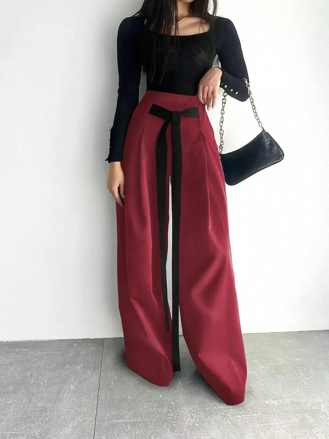 Women's Wide Leg Pants with Pockets High Waisted Casual Loose Tie Knot Business Trousers Pants