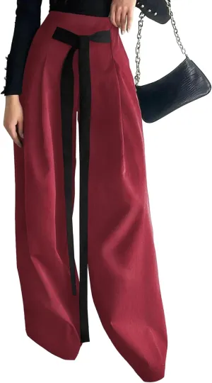 Women's Wide Leg Pants with Pockets High Waisted Casual Loose Tie Knot Business Trousers Pants