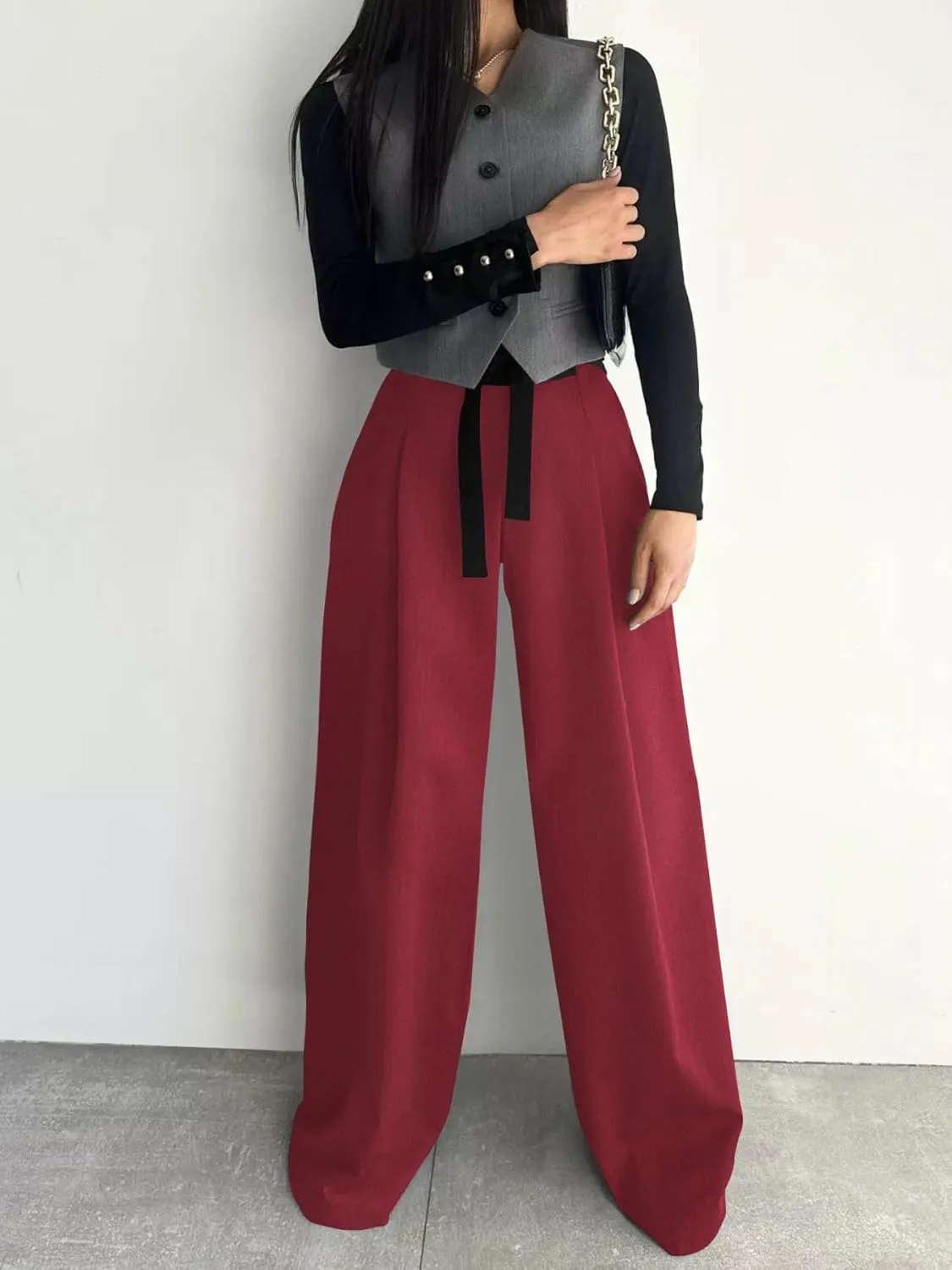 Women's Wide Leg Pants with Pockets High Waisted Casual Loose Tie Knot Business Trousers Pants