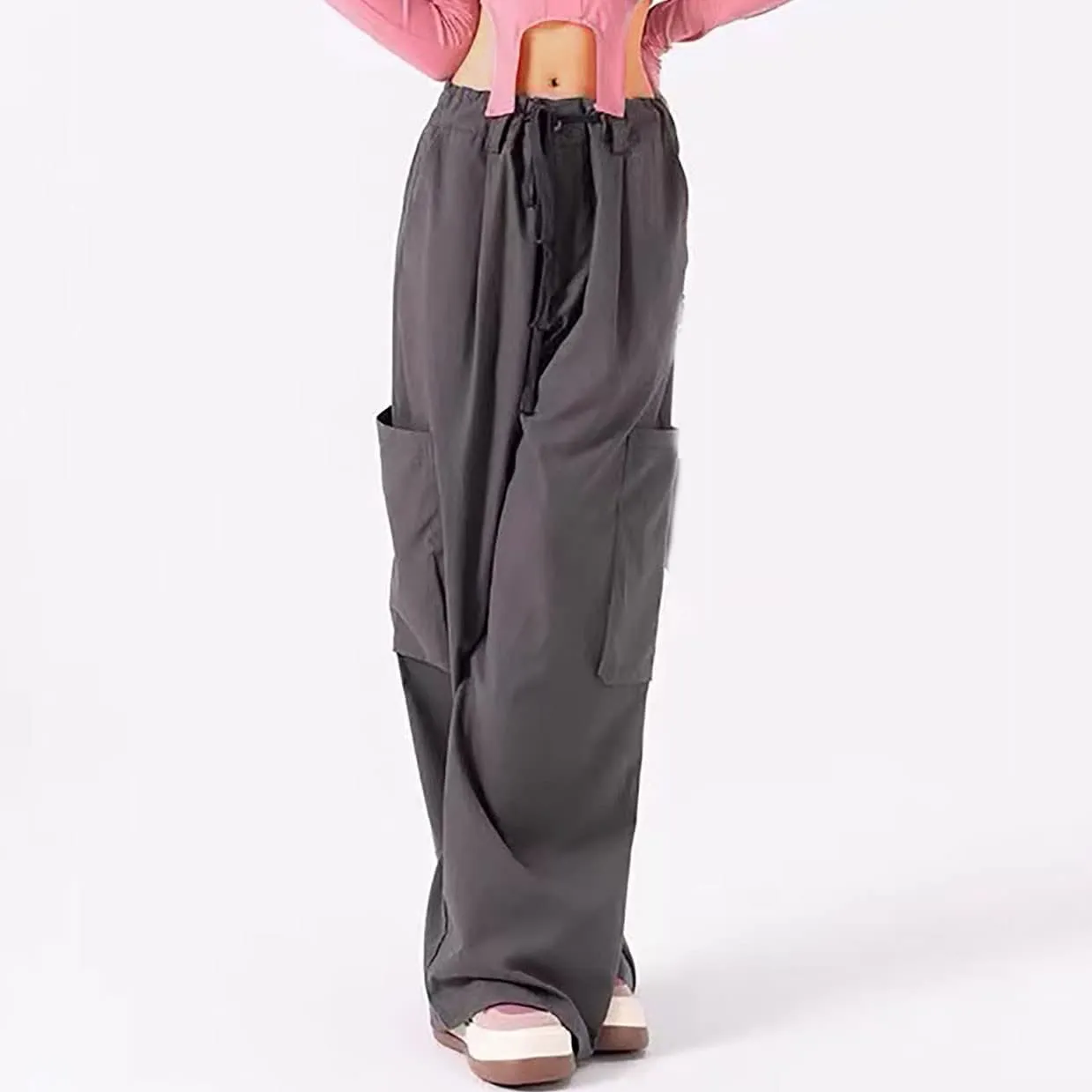 Womens Wide Leg Parachute Pants Casual Loose Cargo Pants Lightweight Vintage Streetwear Drawstring Baggy Trousers