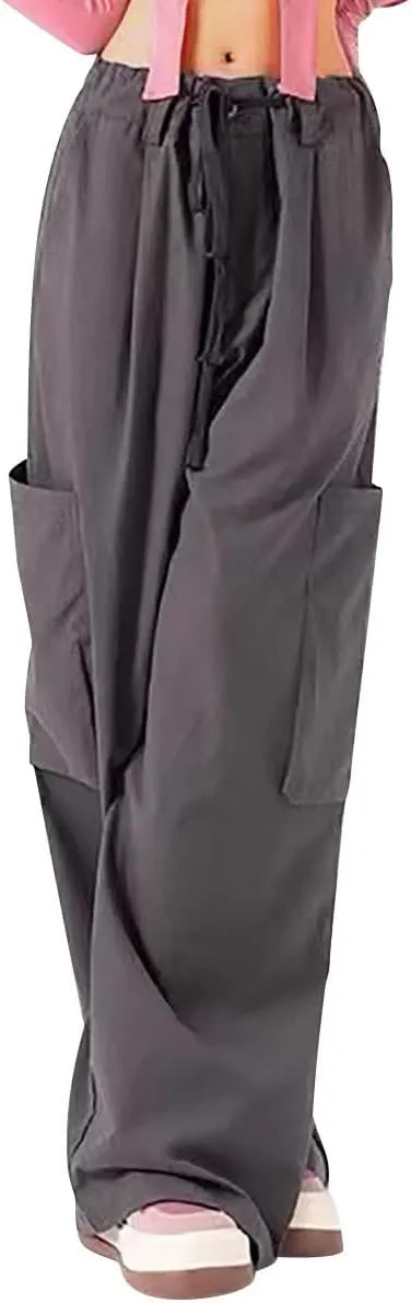 Womens Wide Leg Parachute Pants Casual Loose Cargo Pants Lightweight Vintage Streetwear Drawstring Baggy Trousers