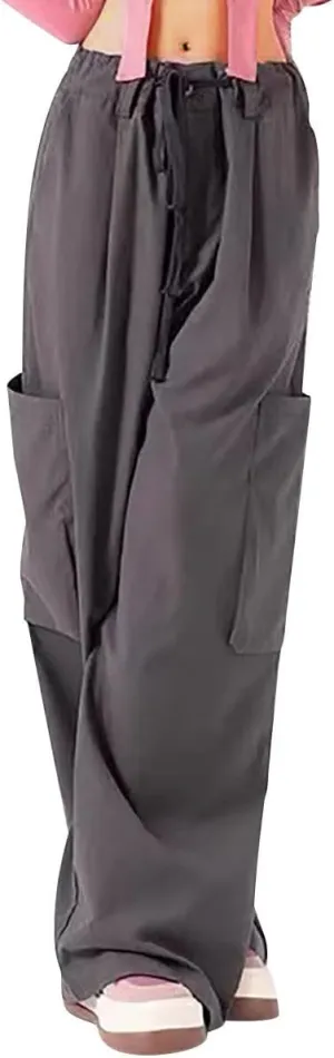 Womens Wide Leg Parachute Pants Casual Loose Cargo Pants Lightweight Vintage Streetwear Drawstring Baggy Trousers