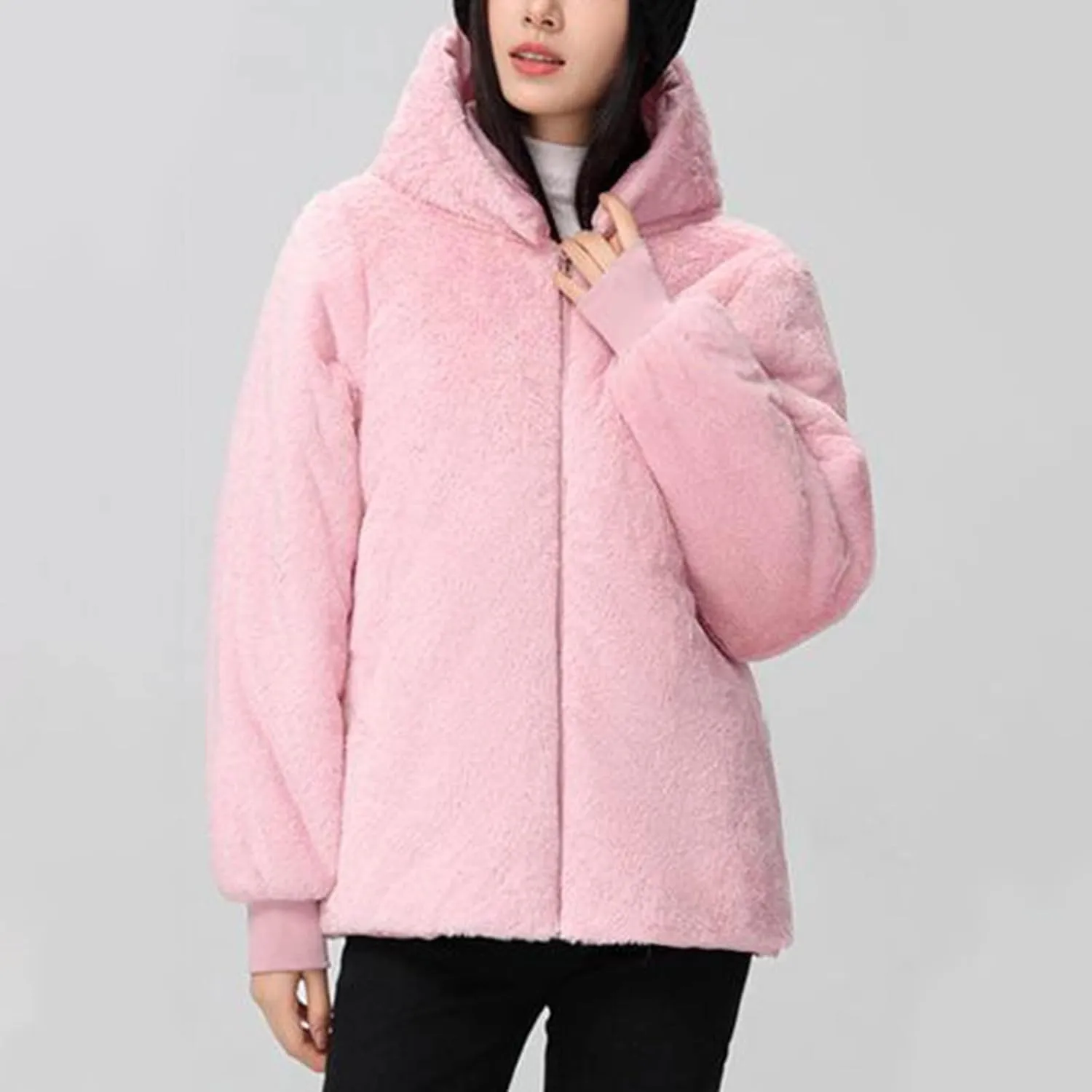 Women's Winter Sherpa Lined Faux Fur Hooded Mid Long Safari Parka Coat Fashion Warm Jackets Loose Fit Solid Color