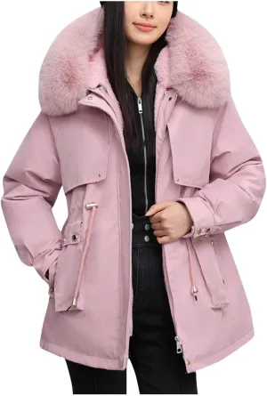 Women's Winter Sherpa Lined Faux Fur Hooded Mid Long Safari Parka Coat Fashion Warm Jackets Loose Fit Solid Color