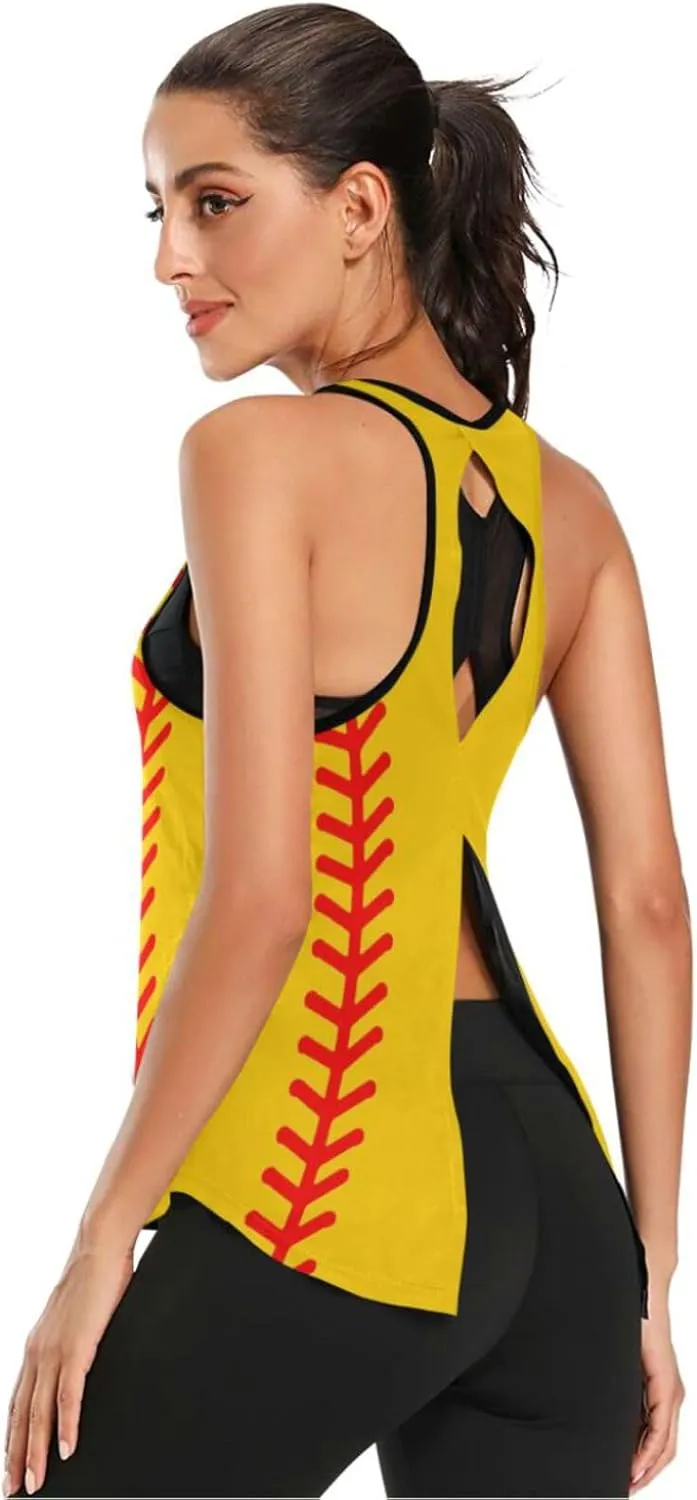 Women's Workout Tank Top Baseball-Stitches-Softball Sleeveless Sport Gym Top Athletic Yoga Tank Top