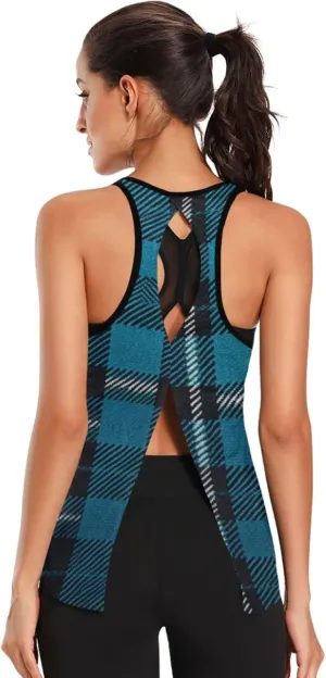 Women's Workout Tank Top Black-Blue-Tartan Sleeveless Sport Gym Top Athletic Yoga Tank Top