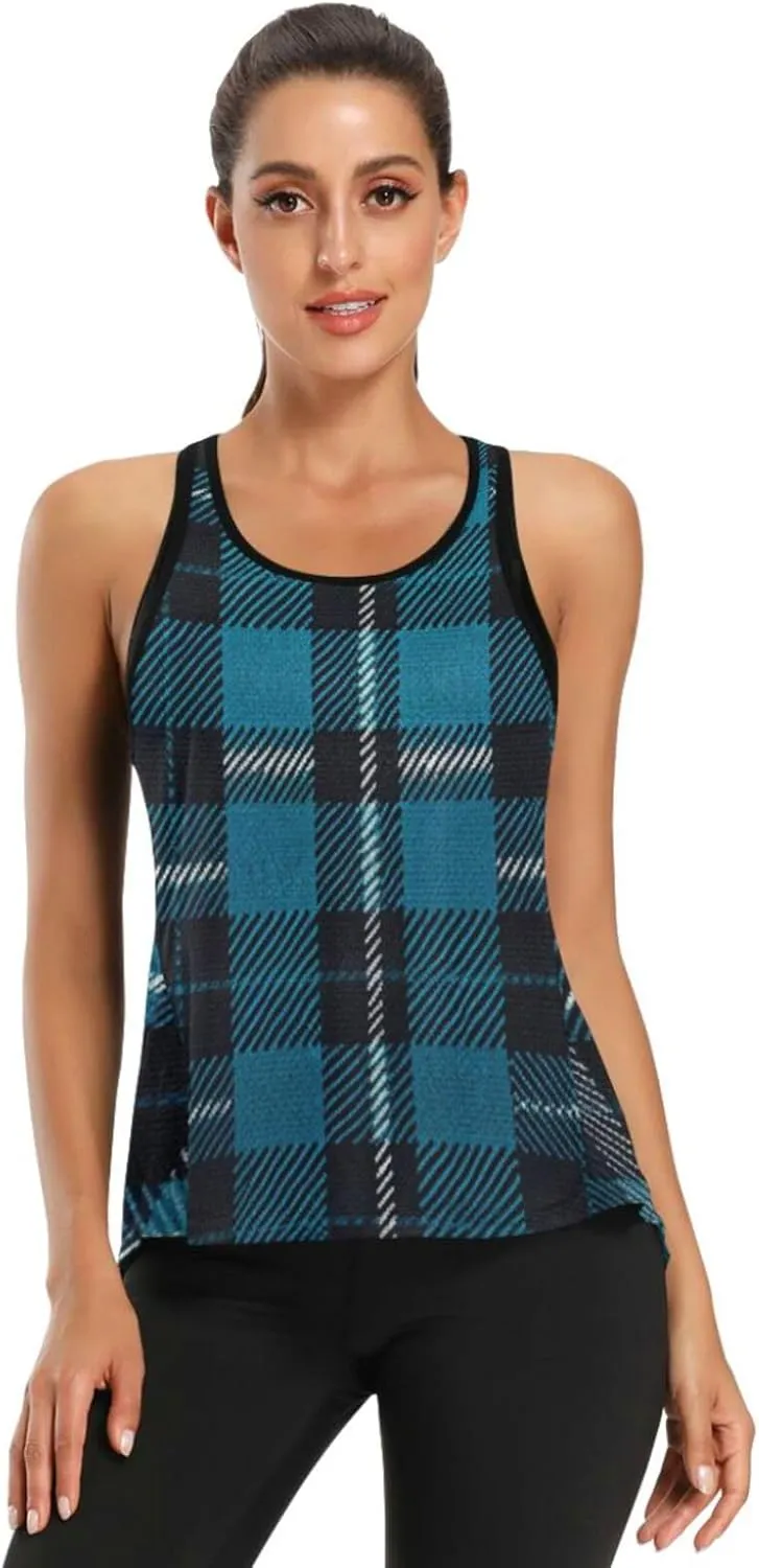 Women's Workout Tank Top Black-Blue-Tartan Sleeveless Sport Gym Top Athletic Yoga Tank Top