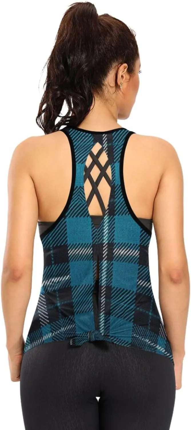 Women's Workout Tank Top Black-Blue-Tartan Sleeveless Sport Gym Top Athletic Yoga Tank Top
