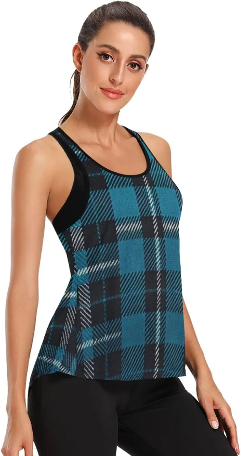 Women's Workout Tank Top Black-Blue-Tartan Sleeveless Sport Gym Top Athletic Yoga Tank Top
