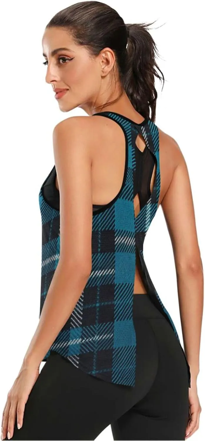 Women's Workout Tank Top Black-Blue-Tartan Sleeveless Sport Gym Top Athletic Yoga Tank Top