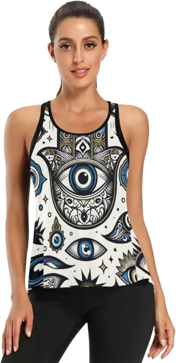 Women's Workout Tank Top Blue-Evil-Eye Sleeveless Sport Gym Top Athletic Yoga Tank Top