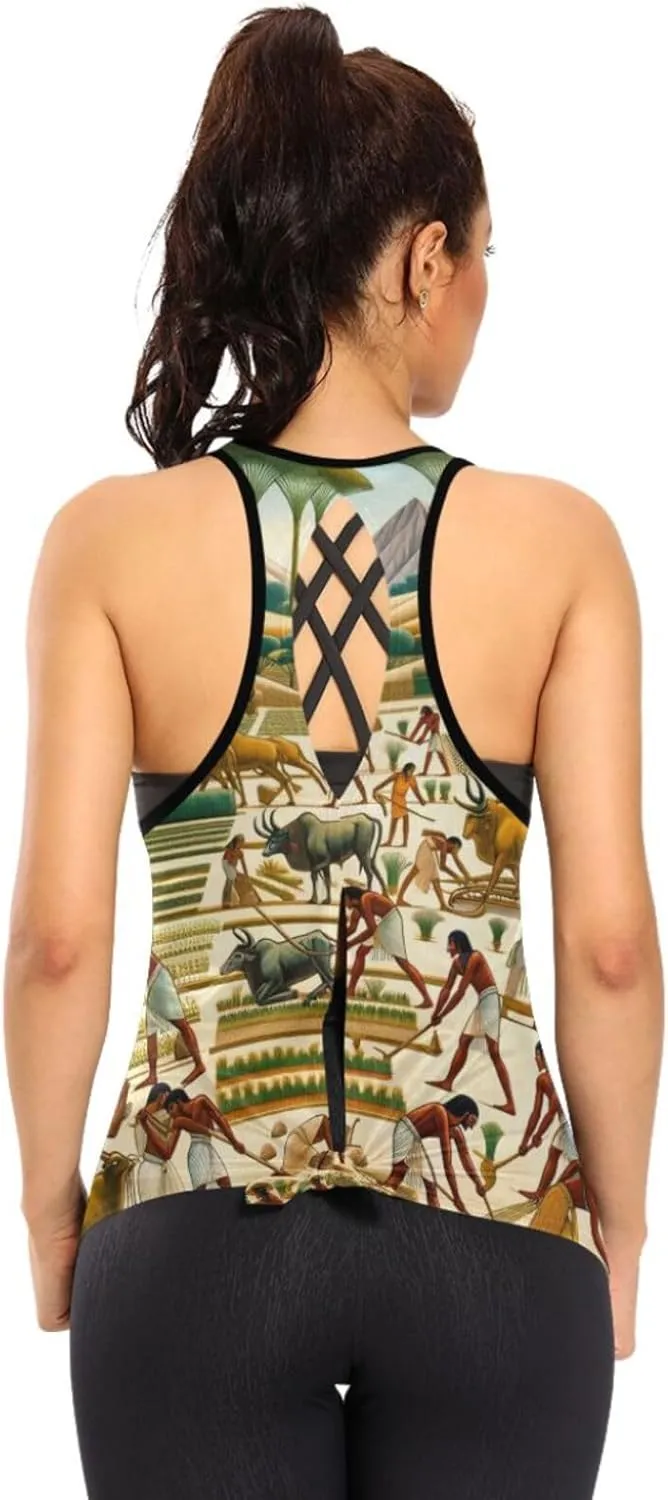 Women's Workout Tank Top Egyptian-Agricultural-Scenes Sleeveless Sport Gym Top Athletic Yoga Tank Top