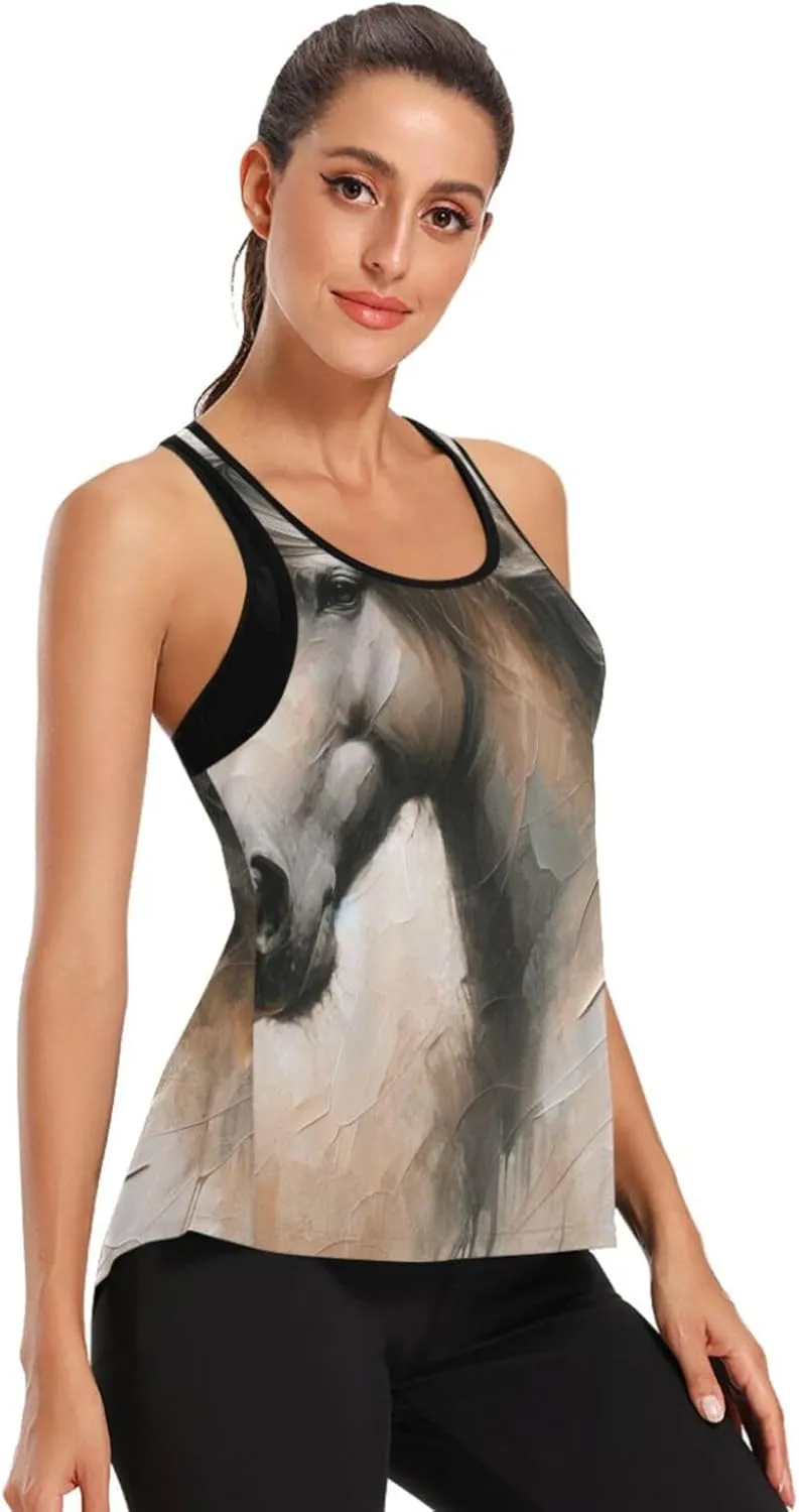 Women's Workout Tank Top Floral-Cute-Horse Sleeveless Sport Gym Top Athletic Yoga Tank Top