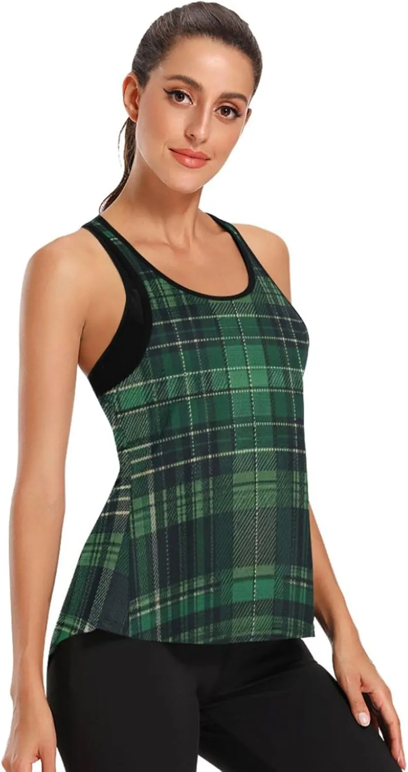 Women's Workout Tank Top Green-Tartan Sleeveless Sport Gym Top Athletic Yoga Tank Top
