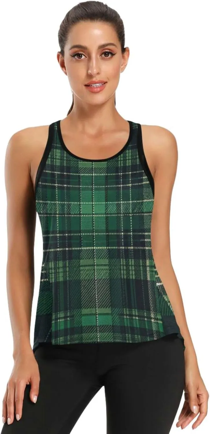 Women's Workout Tank Top Green-Tartan Sleeveless Sport Gym Top Athletic Yoga Tank Top
