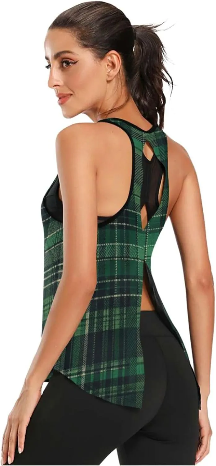 Women's Workout Tank Top Green-Tartan Sleeveless Sport Gym Top Athletic Yoga Tank Top