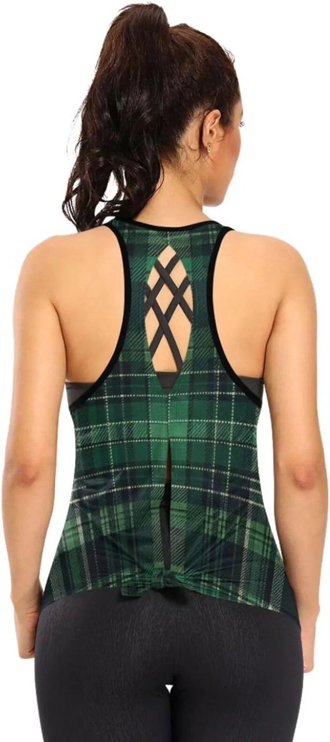 Women's Workout Tank Top Green-Tartan Sleeveless Sport Gym Top Athletic Yoga Tank Top