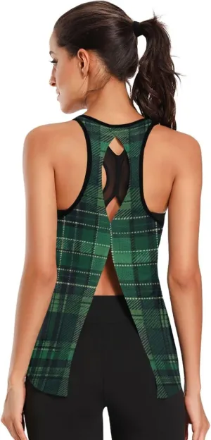 Women's Workout Tank Top Green-Tartan Sleeveless Sport Gym Top Athletic Yoga Tank Top