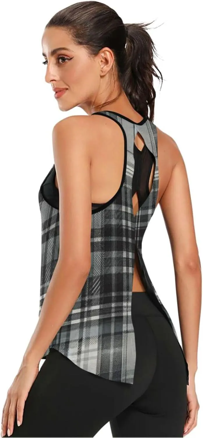 Women's Workout Tank Top Grey-Tartan Sleeveless Sport Gym Top Athletic Yoga Tank Top